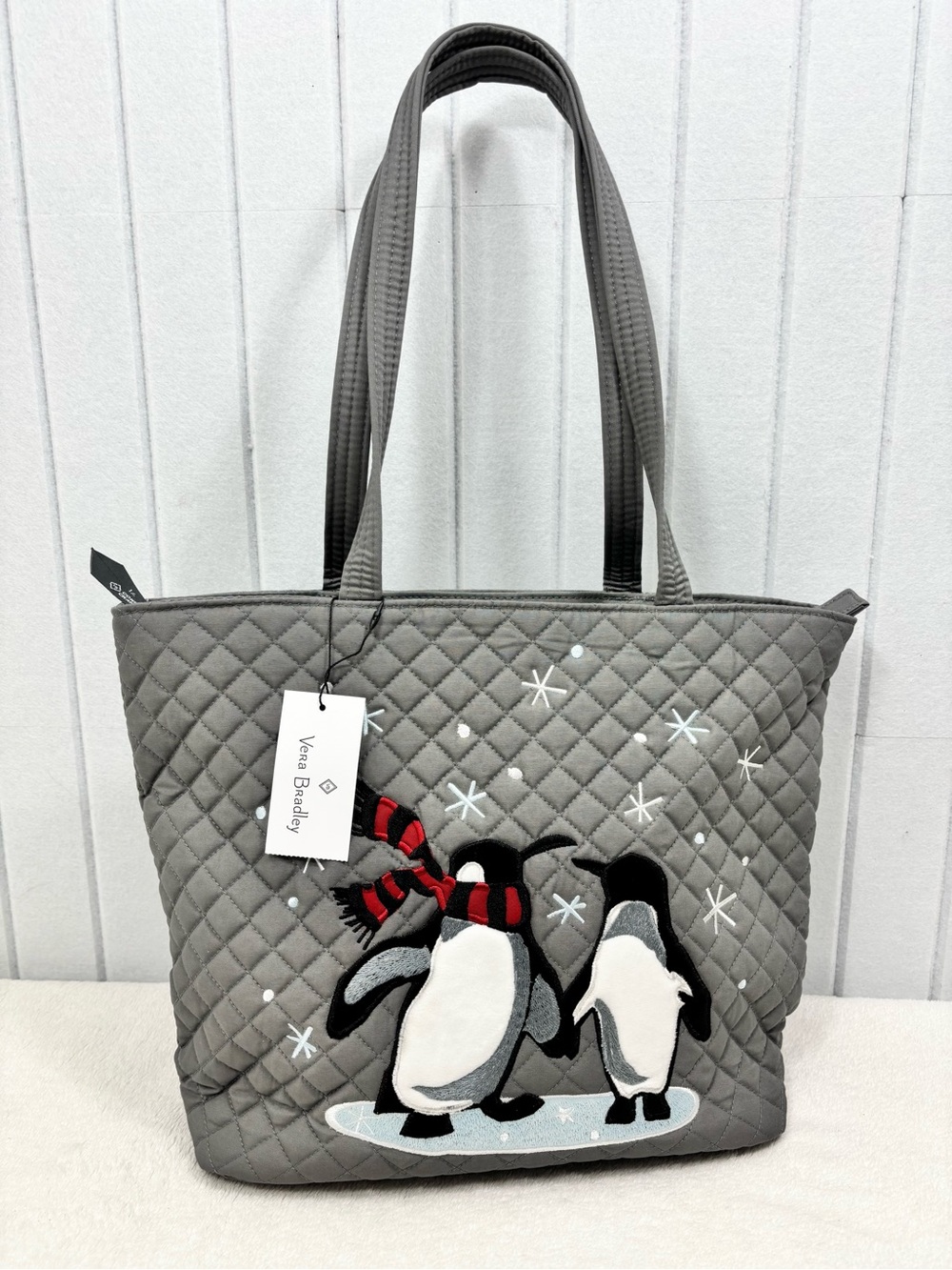 Vera Bradley Gray Quilted Penguin Tote with Red Scarf Accents NEW
